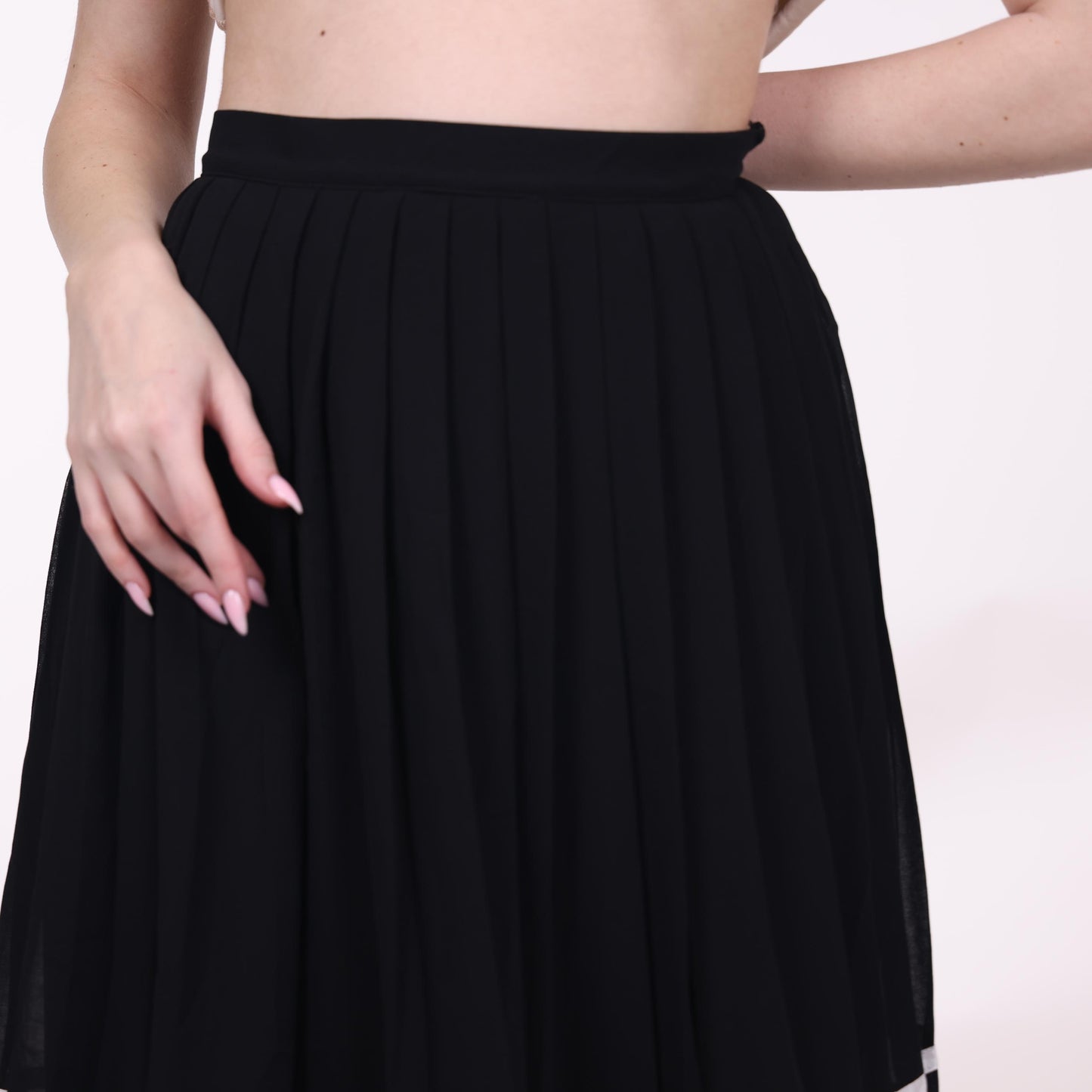 Black Pleated Midi Skirt with White Striped Hem