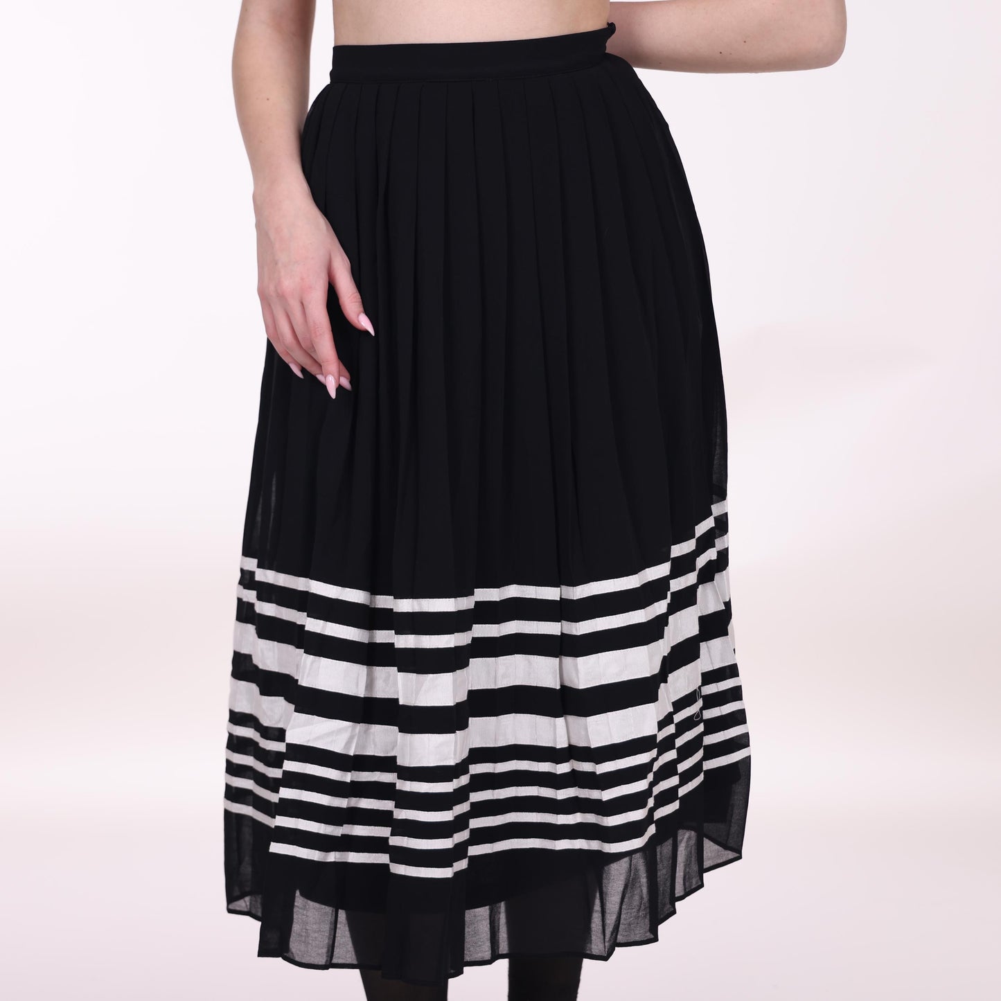 Black Pleated Midi Skirt with White Striped Hem