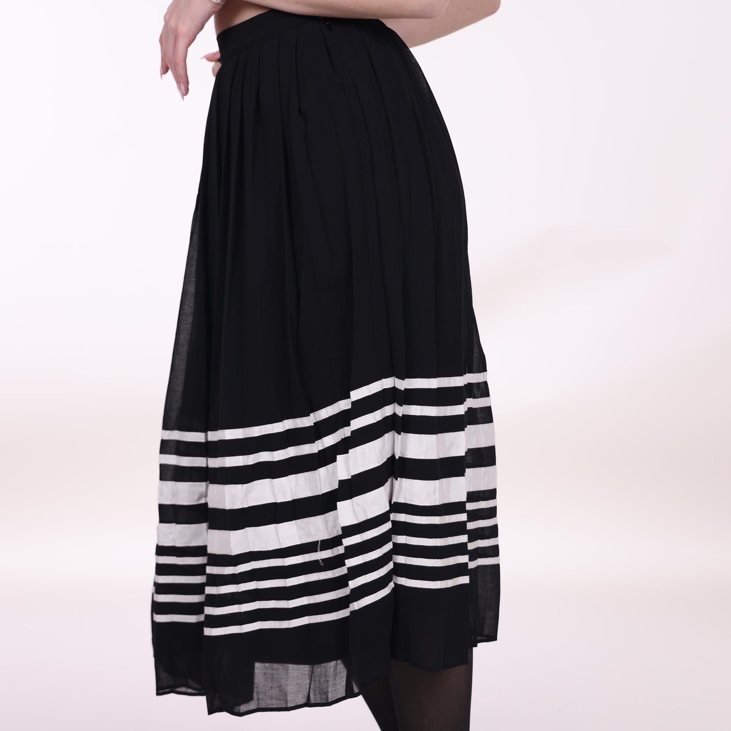Black Pleated Midi Skirt with White Striped Hem