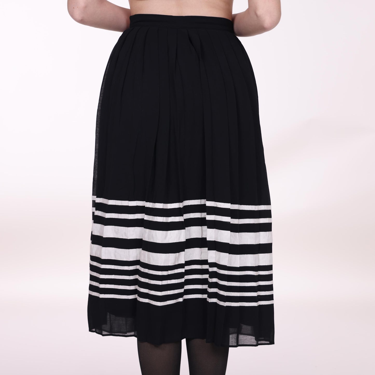 Black Pleated Midi Skirt with White Striped Hem