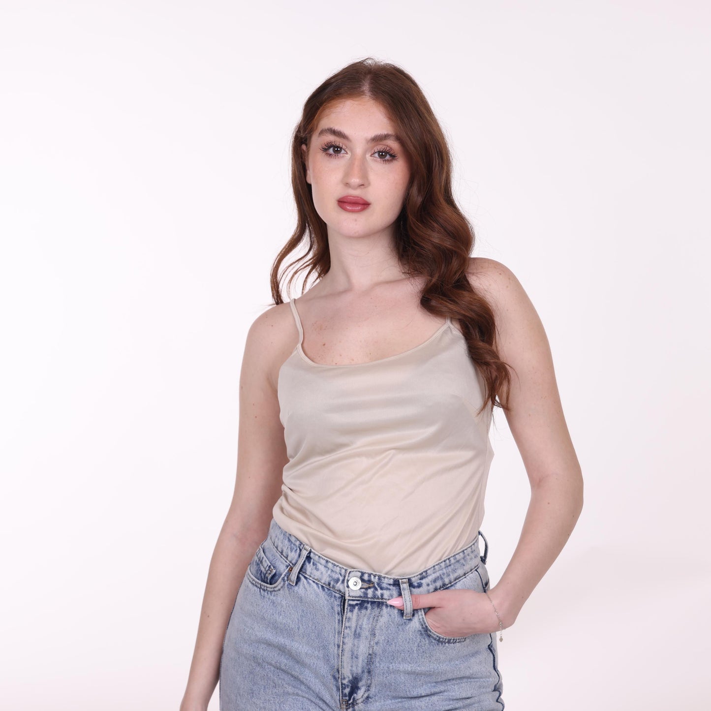 Beige Satin Spaghetti Strap Top