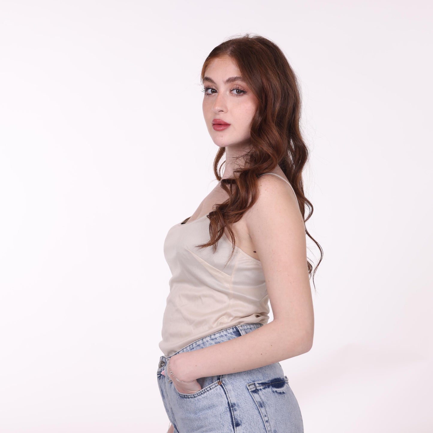 Beige Satin Spaghetti Strap Top