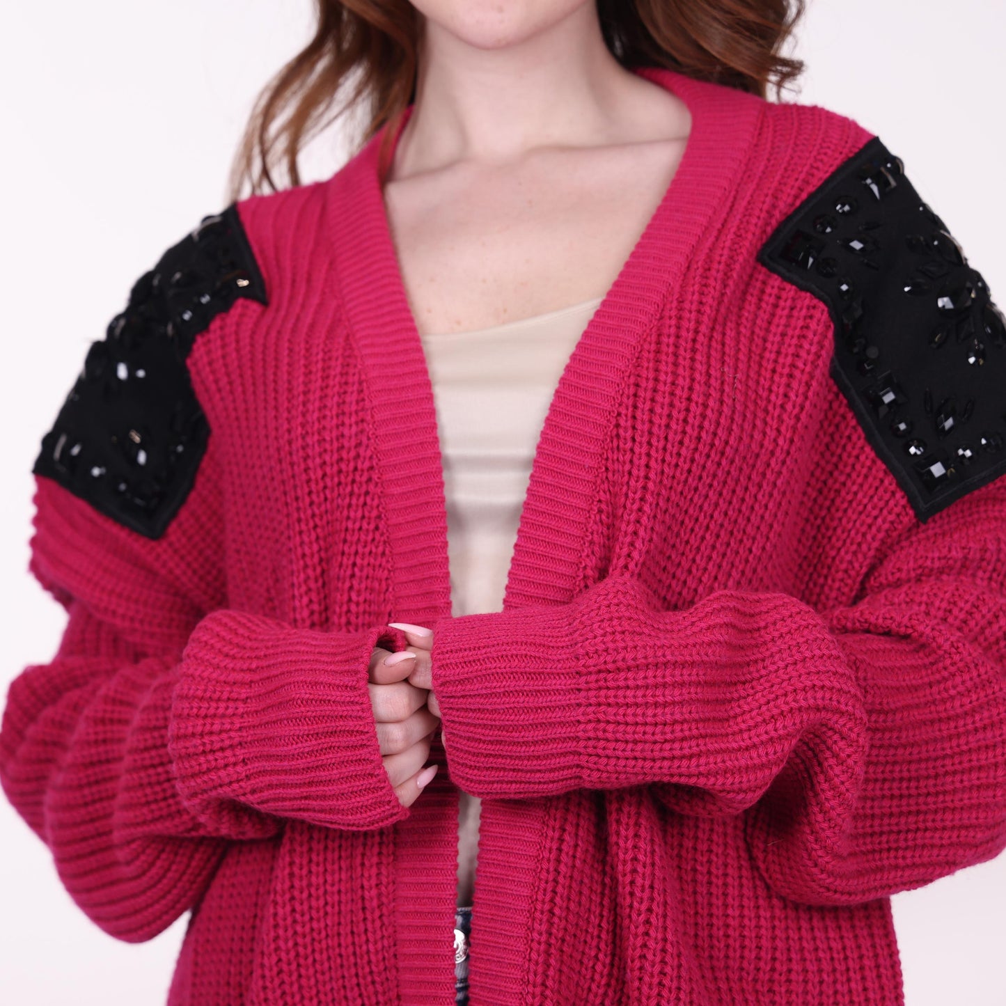 Fuchsia Long Knit Cardigan with Embellished Shoulder Detail