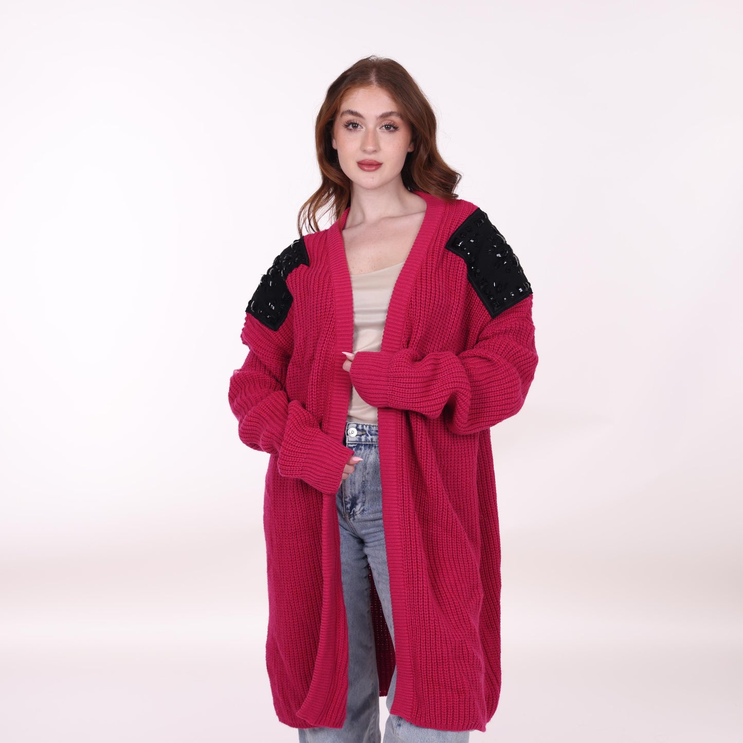 Fuchsia Long Knit Cardigan with Embellished Shoulder Detail