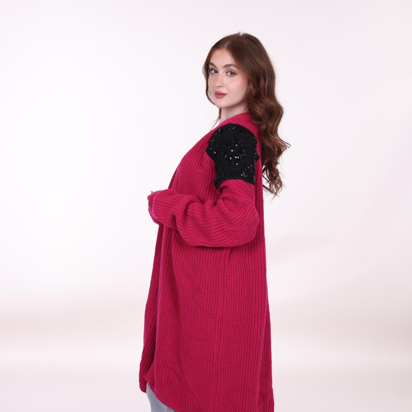 Fuchsia Long Knit Cardigan with Embellished Shoulder Detail