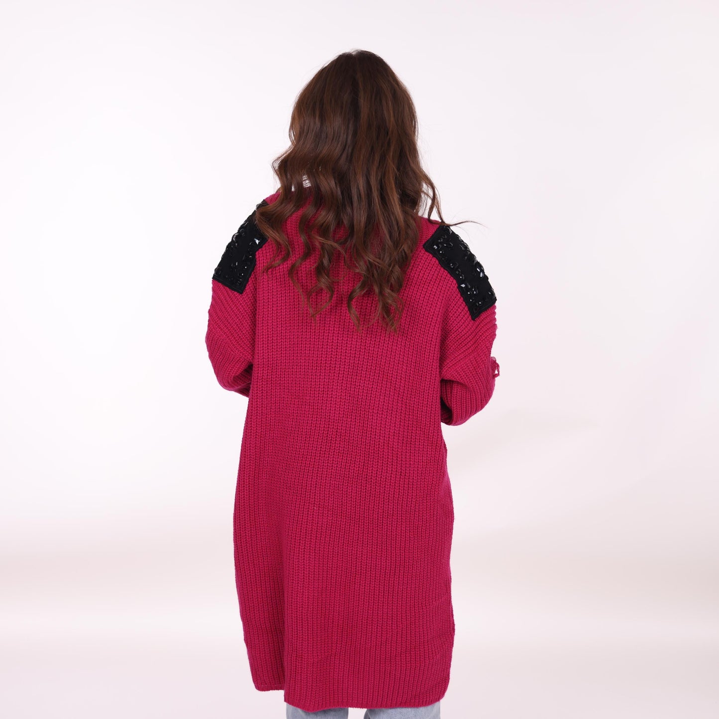 Fuchsia Long Knit Cardigan with Embellished Shoulder Detail
