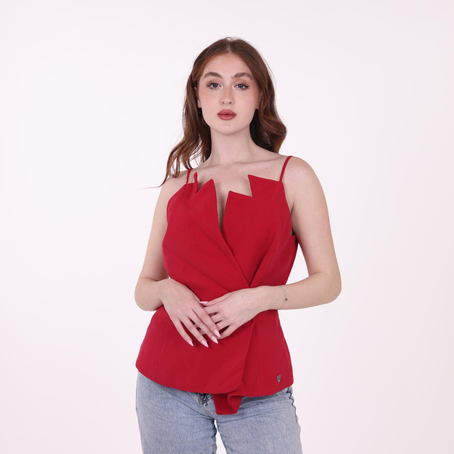 Red Asymmetrical Spaghetti Strap Top with Layered Detail