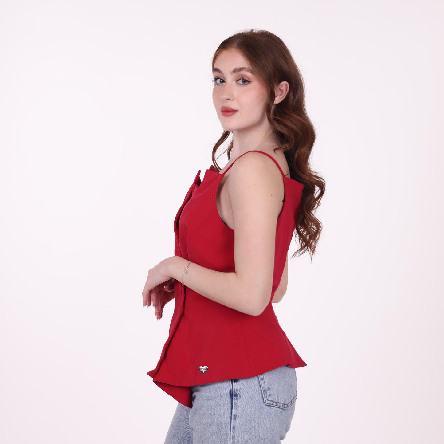 Red Asymmetrical Spaghetti Strap Top with Layered Detail