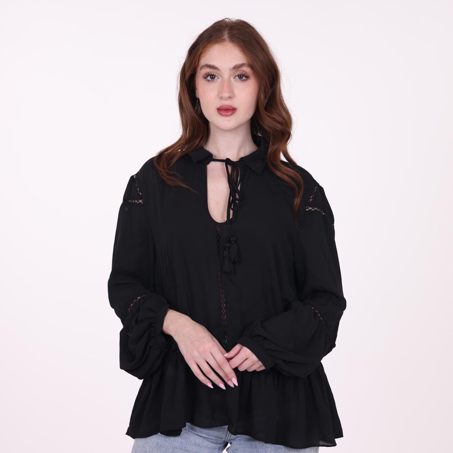 Black Boho-Chic Tunic with Lace Details and Tassel Tie