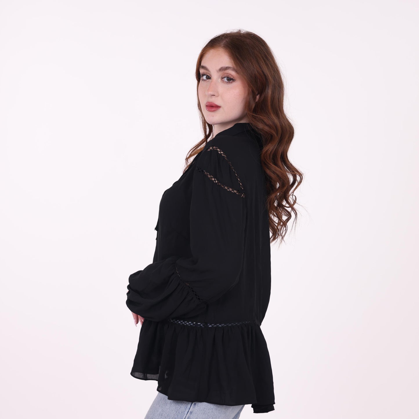 Black Boho-Chic Tunic with Lace Details and Tassel Tie