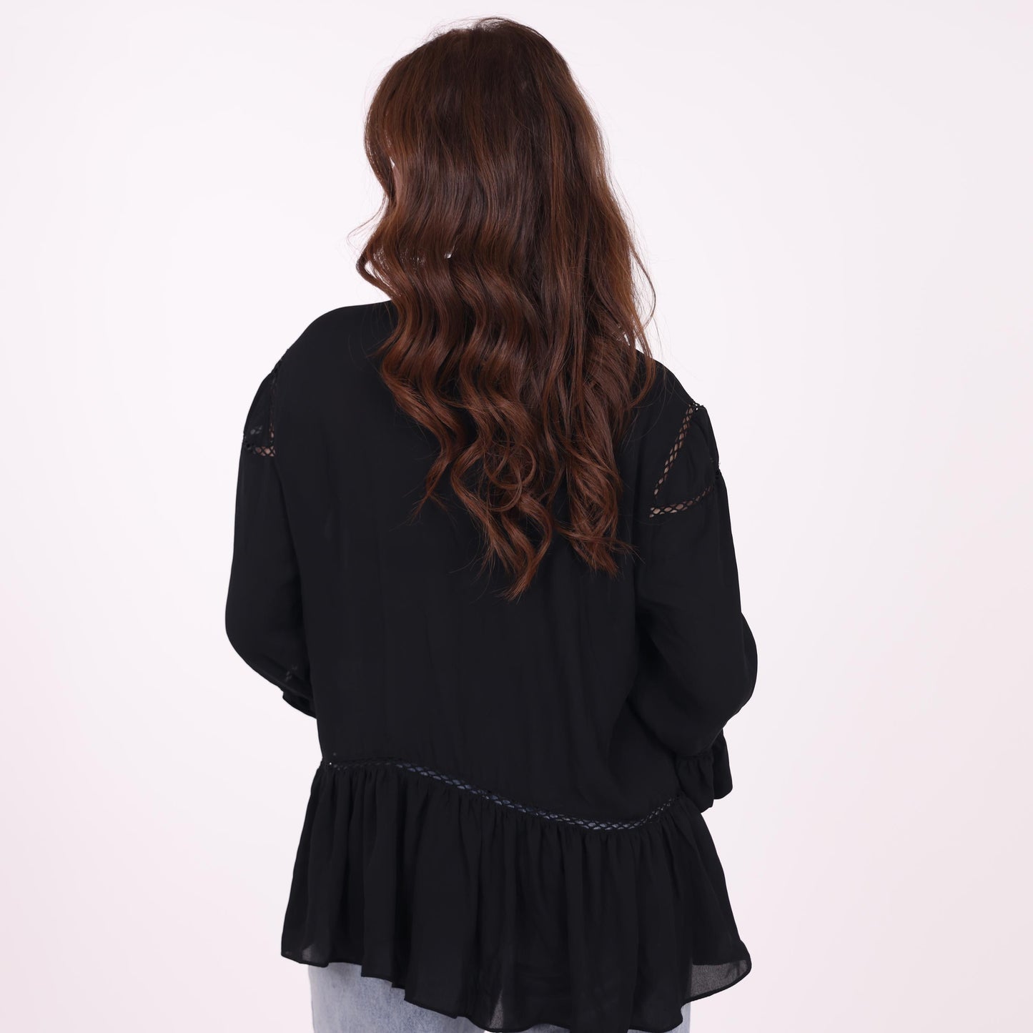 Black Boho-Chic Tunic with Lace Details and Tassel Tie