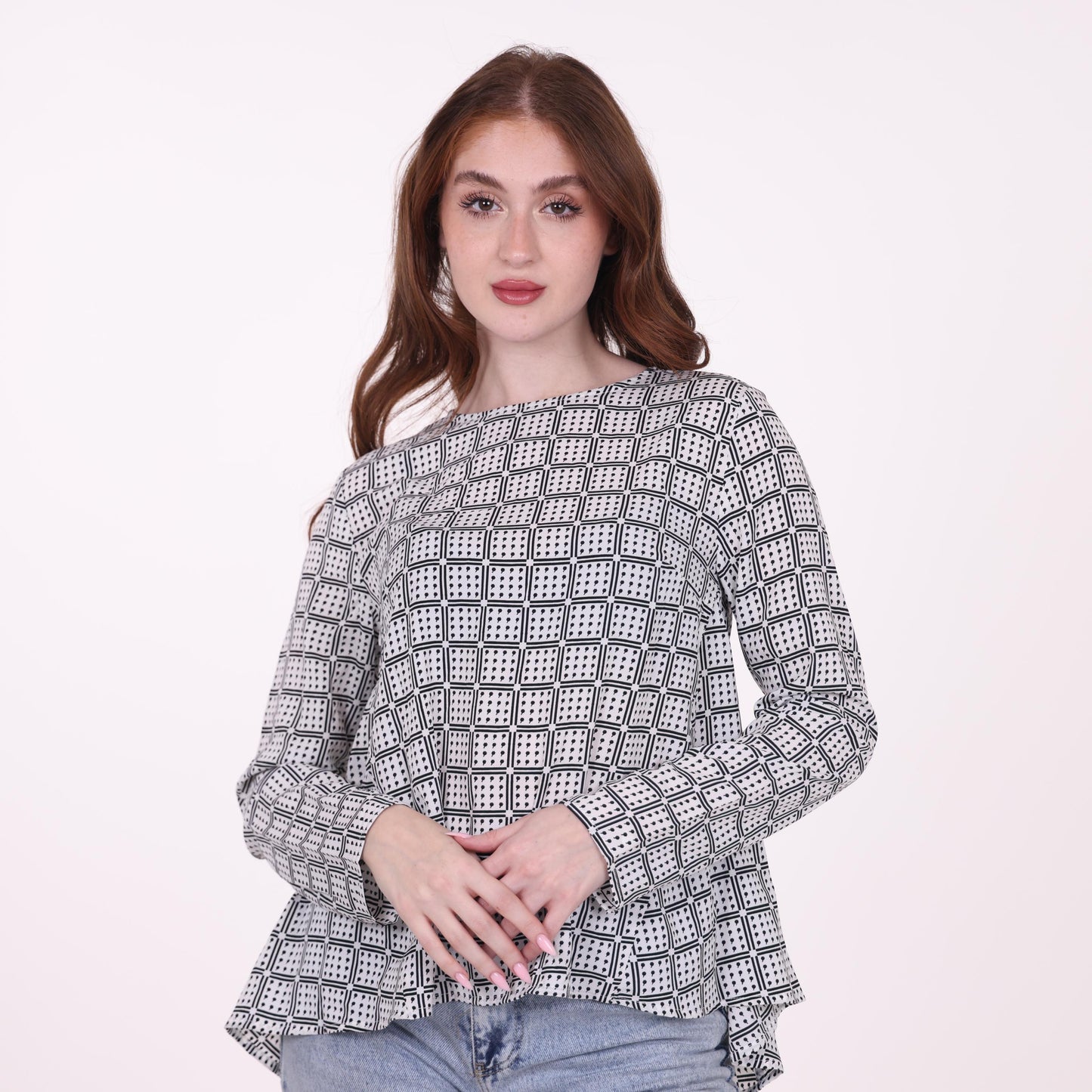 Black and White Geometric Print Top with Flowy Hem