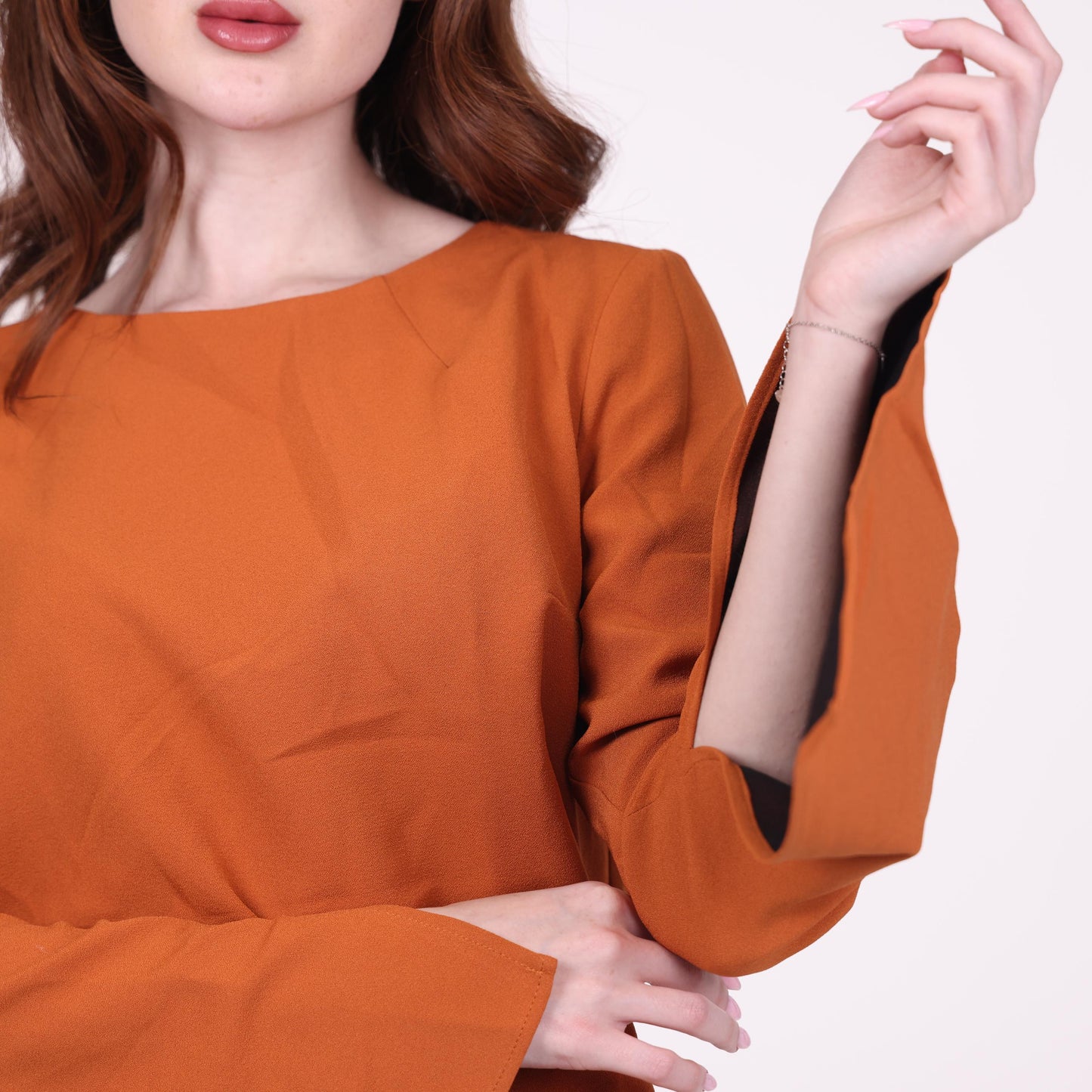 Rust Bell-Sleeve Top with Flared Cuffs