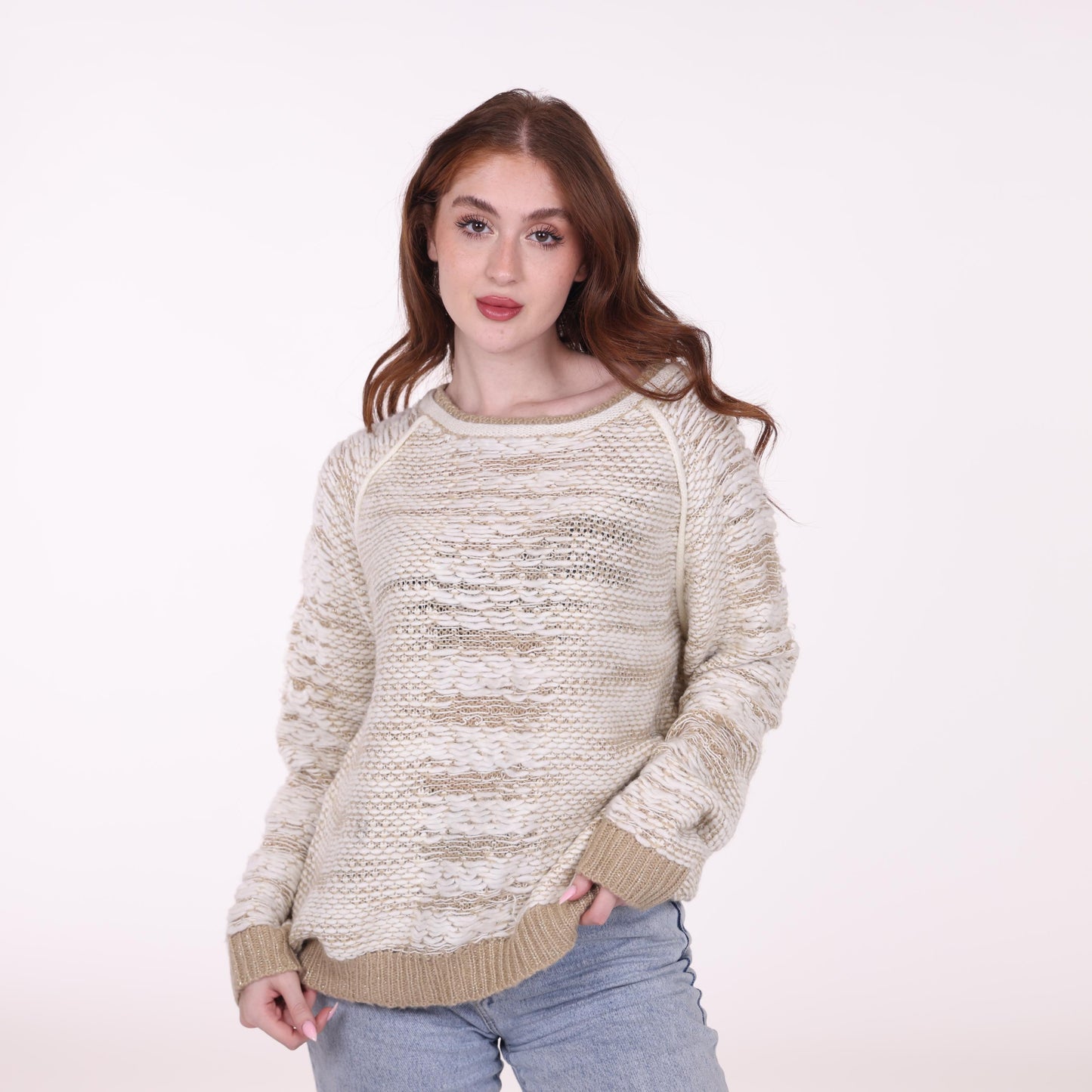 Cream Textured Knit Sweater with Ribbed Details