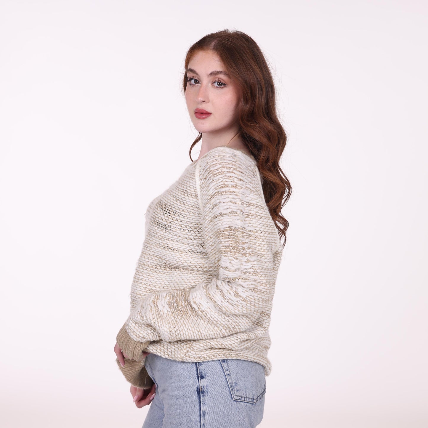 Cream Textured Knit Sweater with Ribbed Details