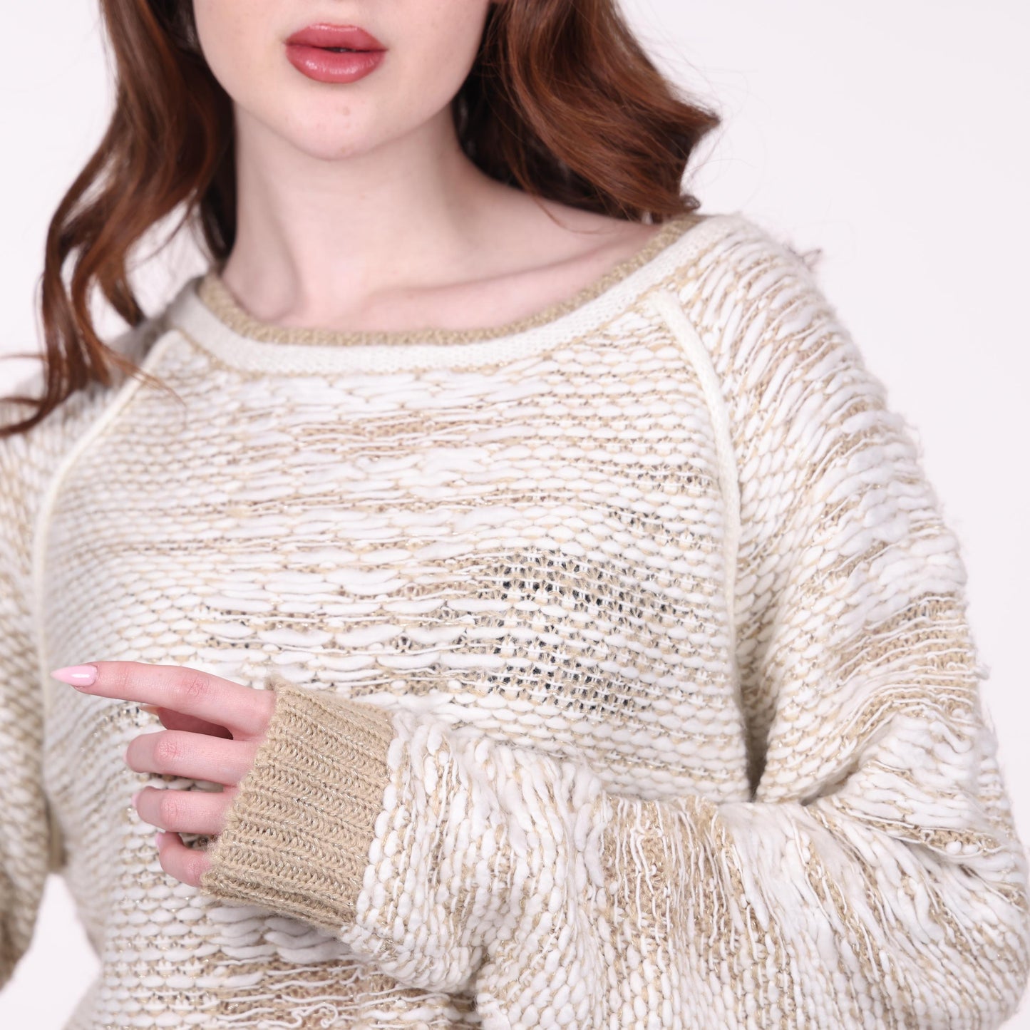 Cream Textured Knit Sweater with Ribbed Details