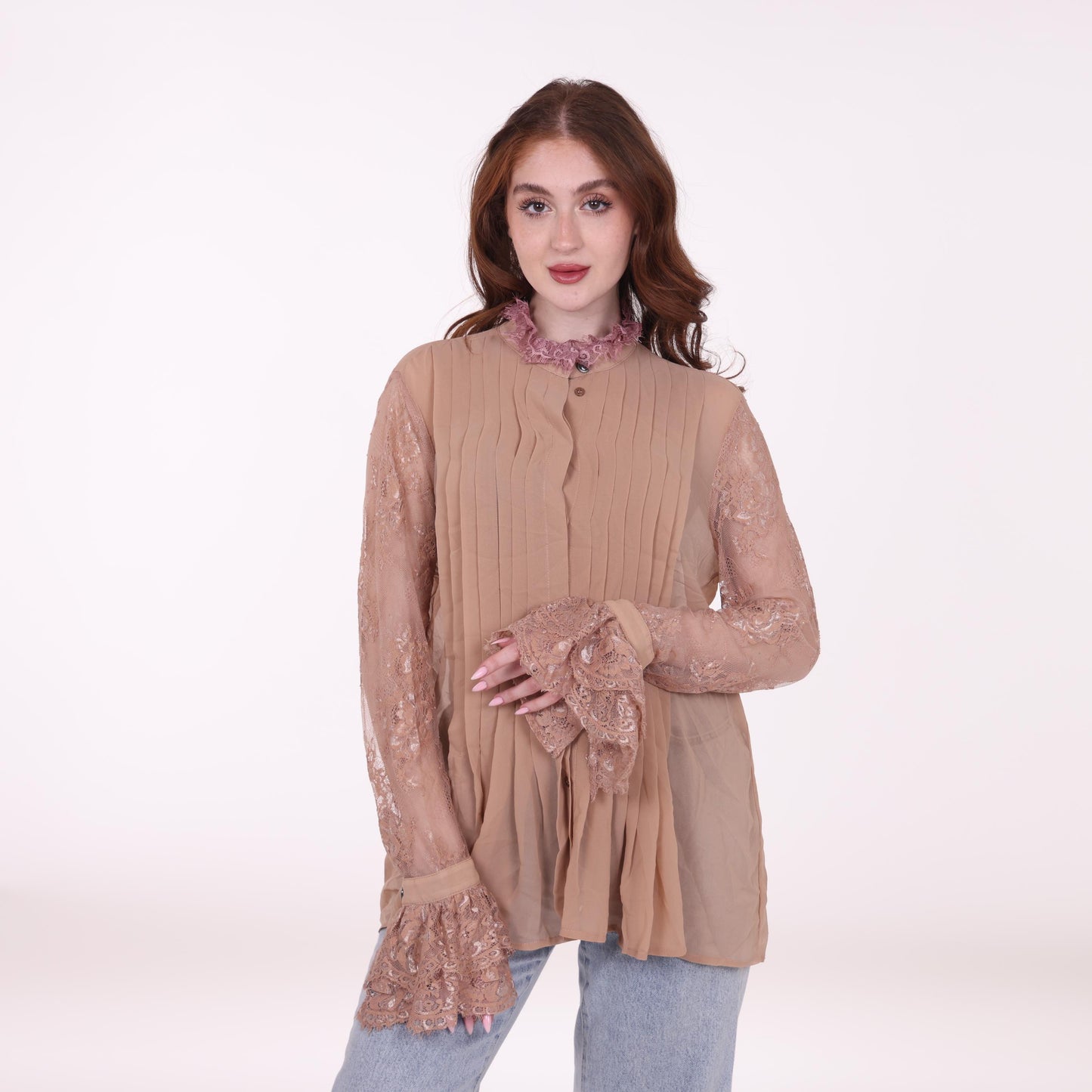 Beige Pleated Tunic with Lace Sleeves and Ruffle Details