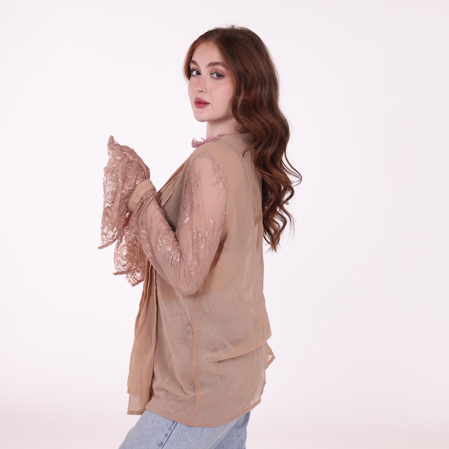 Beige Pleated Tunic with Lace Sleeves and Ruffle Details