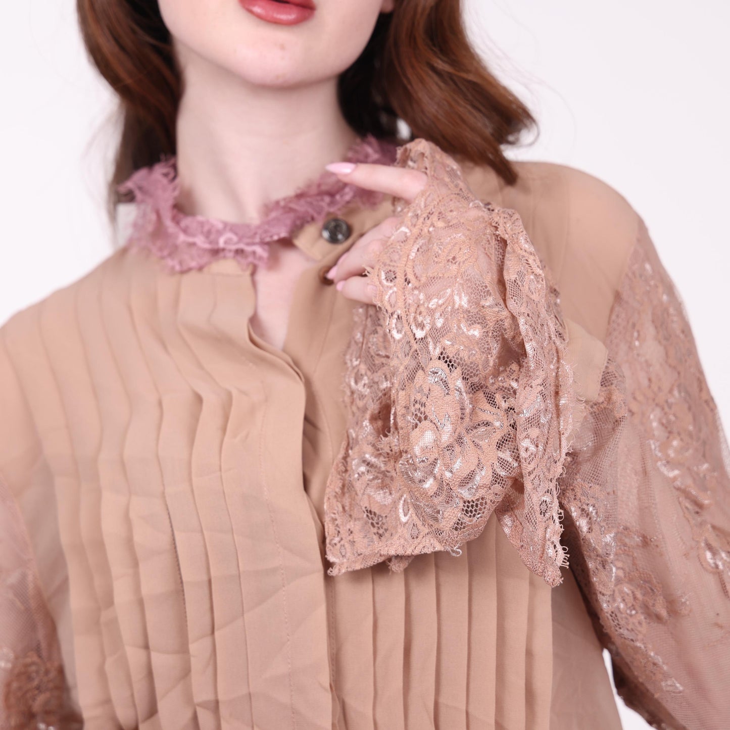 Beige Pleated Tunic with Lace Sleeves and Ruffle Details