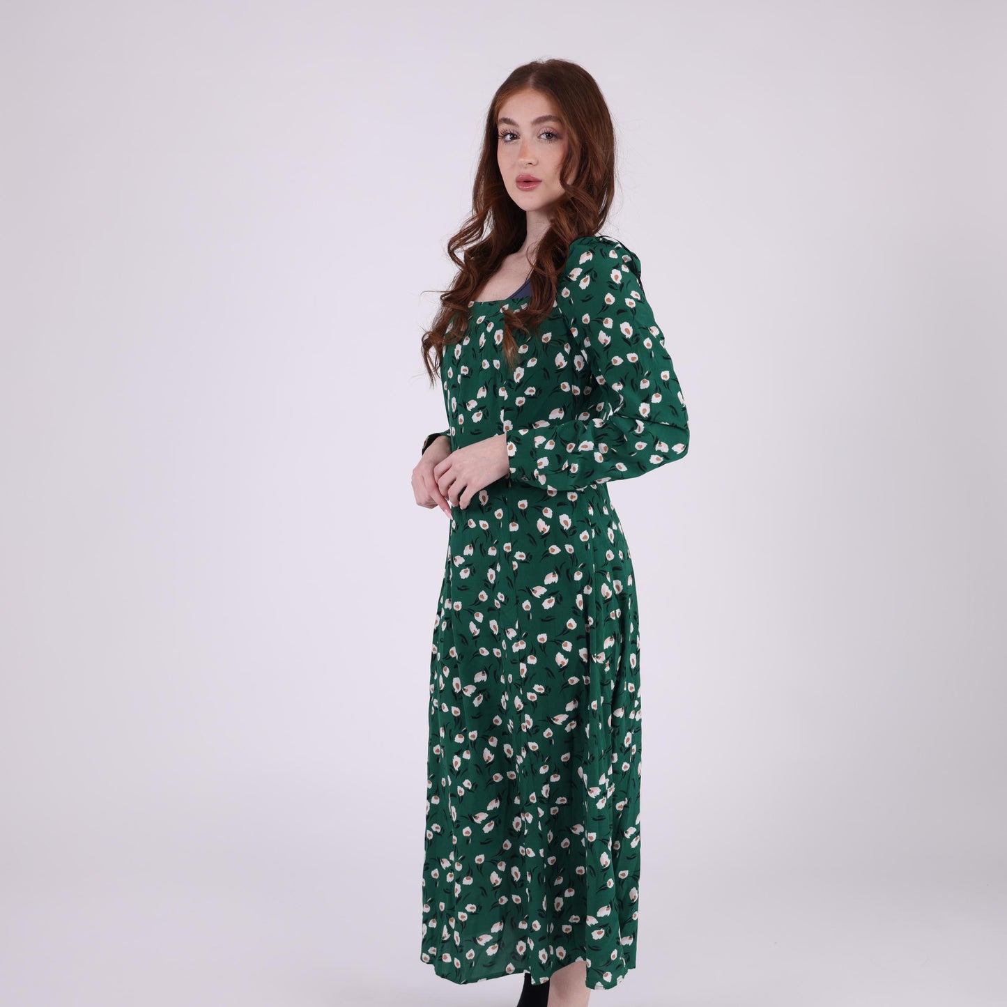 Green Floral Maxi Dress with Long Sleeves