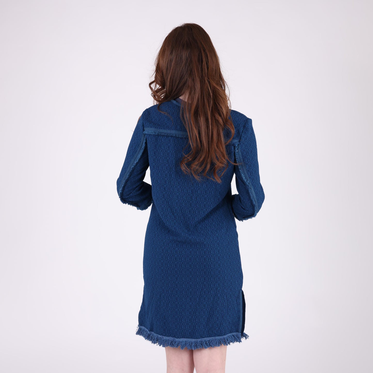 Textured Dark Blue Dress with Fringe Hemline