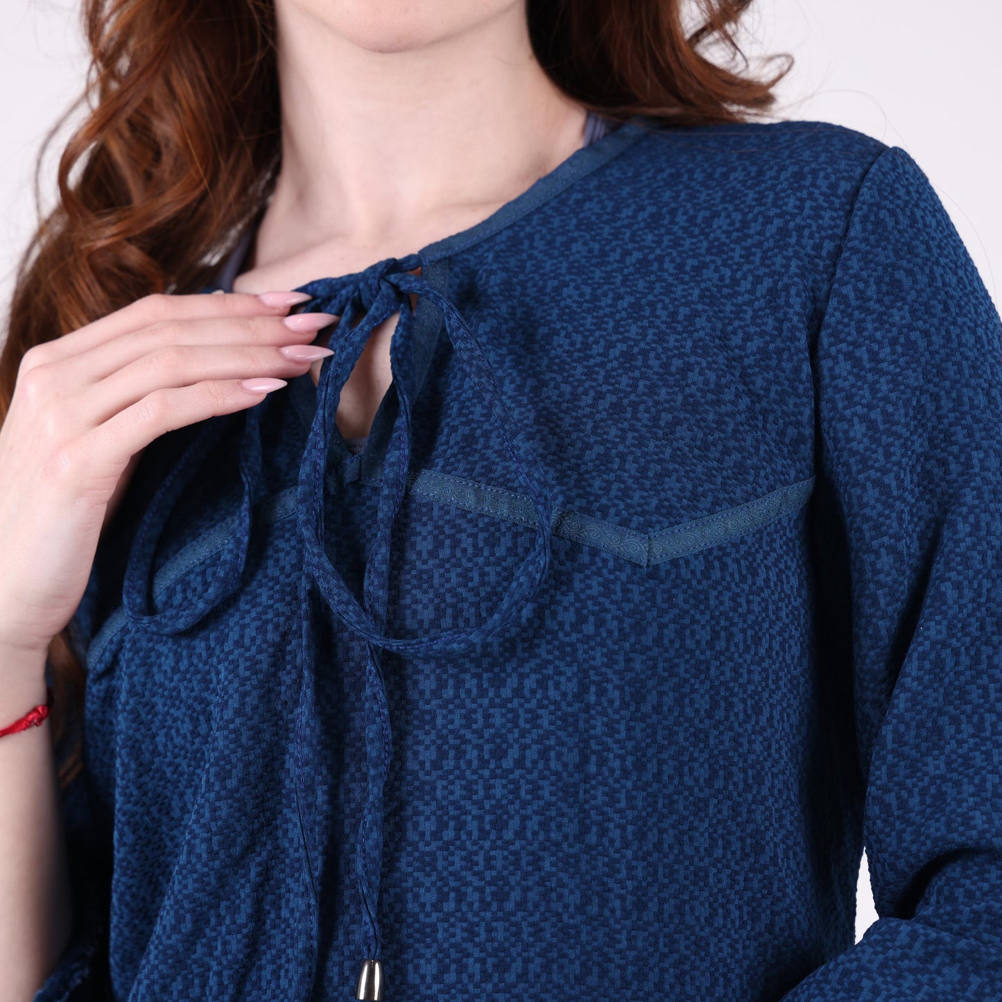 Textured Dark Blue Dress with Fringe Hemline