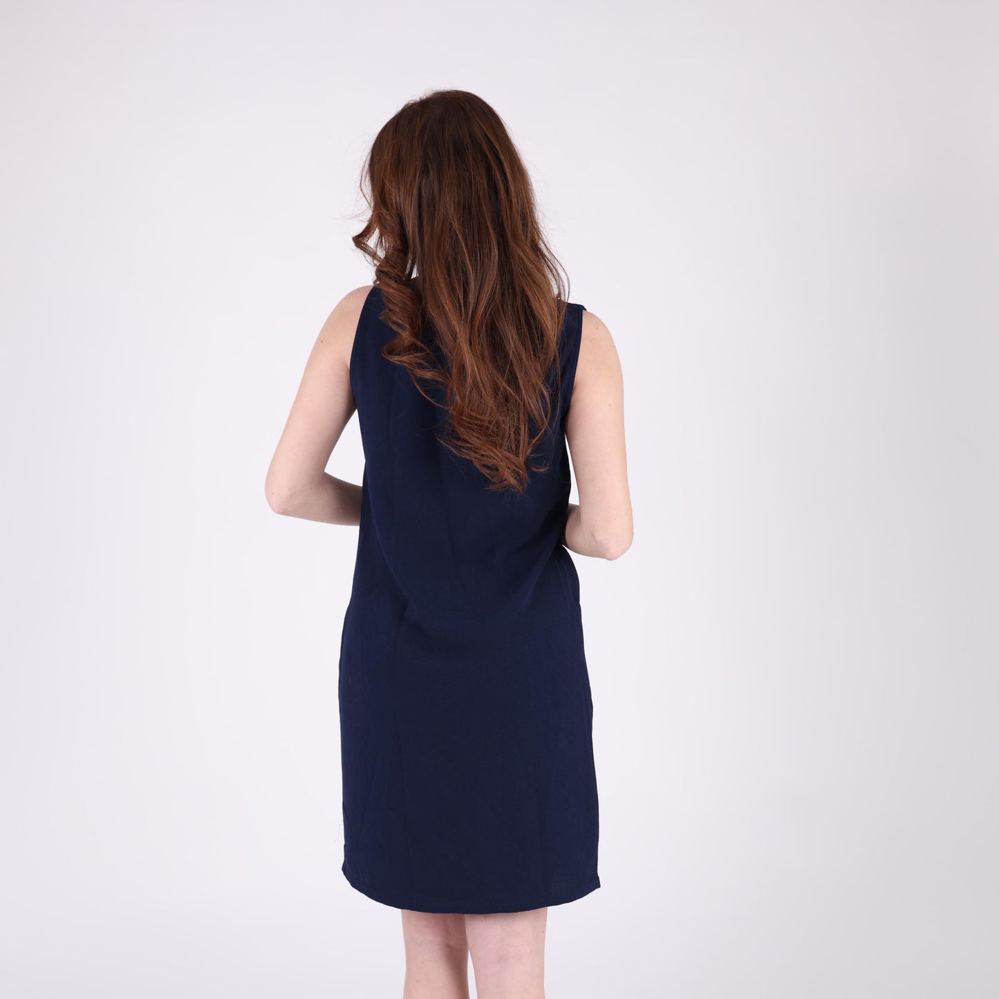 Sleeveless Navy Blue Shift Dress with Pocket Details