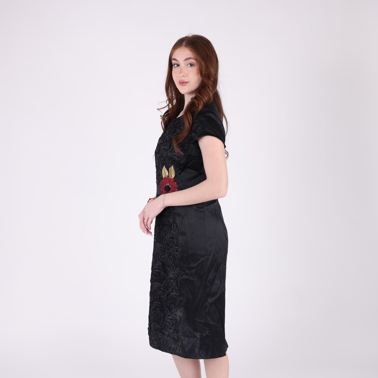 Black Jacquard Midi Dress with Floral Embroidery Accent
