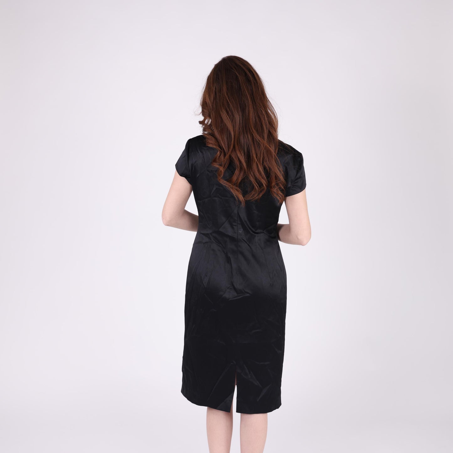 Black Jacquard Midi Dress with Floral Embroidery Accent