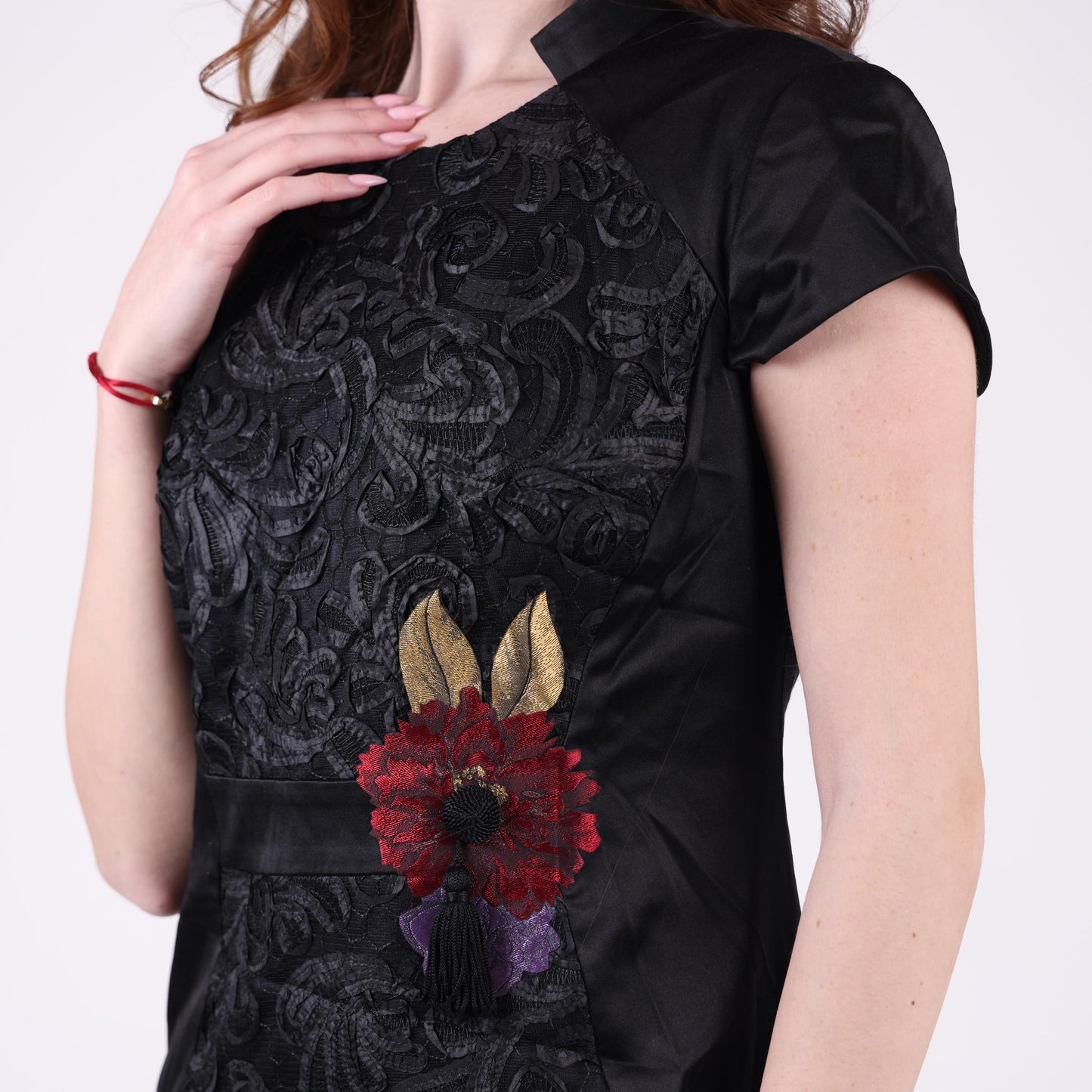 Black Jacquard Midi Dress with Floral Embroidery Accent