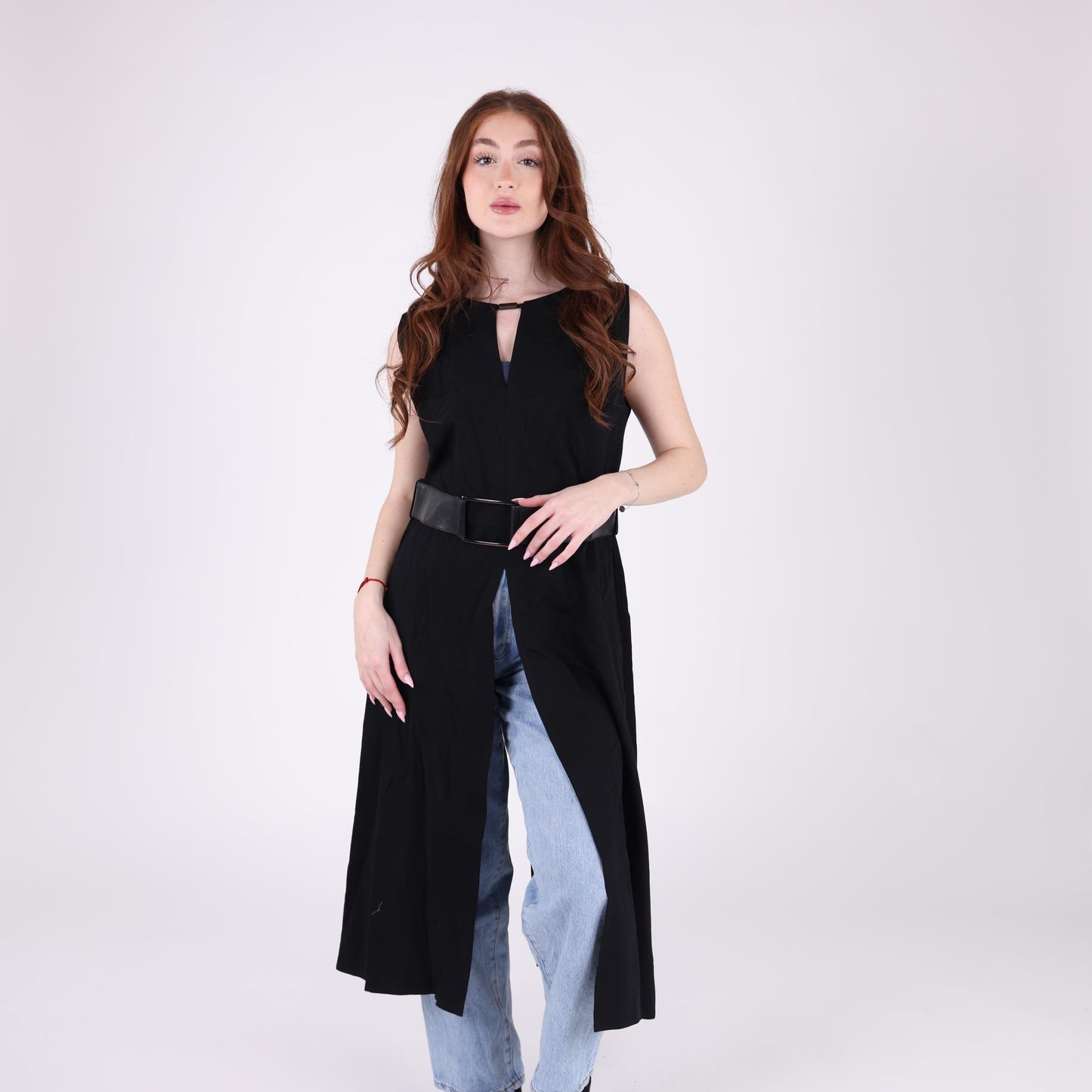 Black Sleeveless Longline Vest with Front Slit and Belted Waist