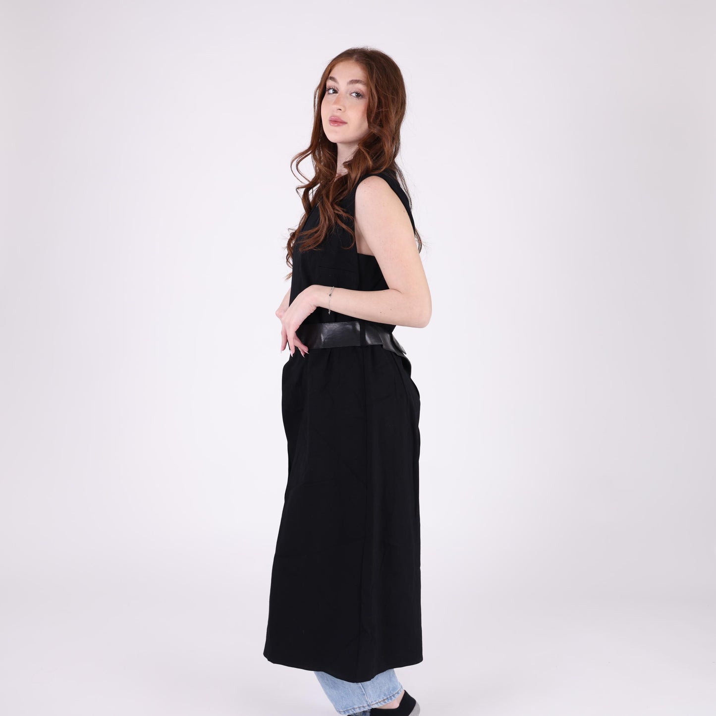 Black Sleeveless Longline Vest with Front Slit and Belted Waist