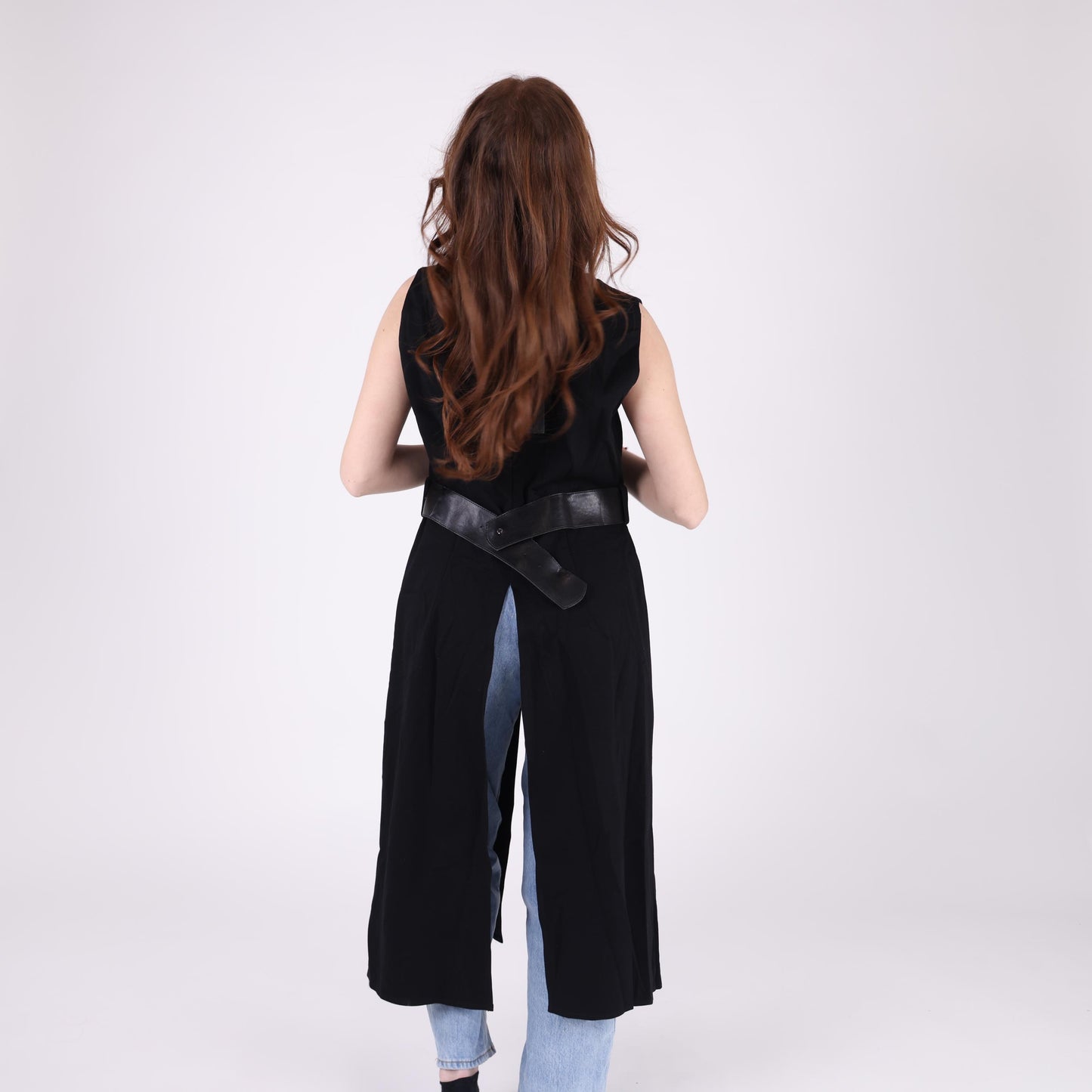 Black Sleeveless Longline Vest with Front Slit and Belted Waist