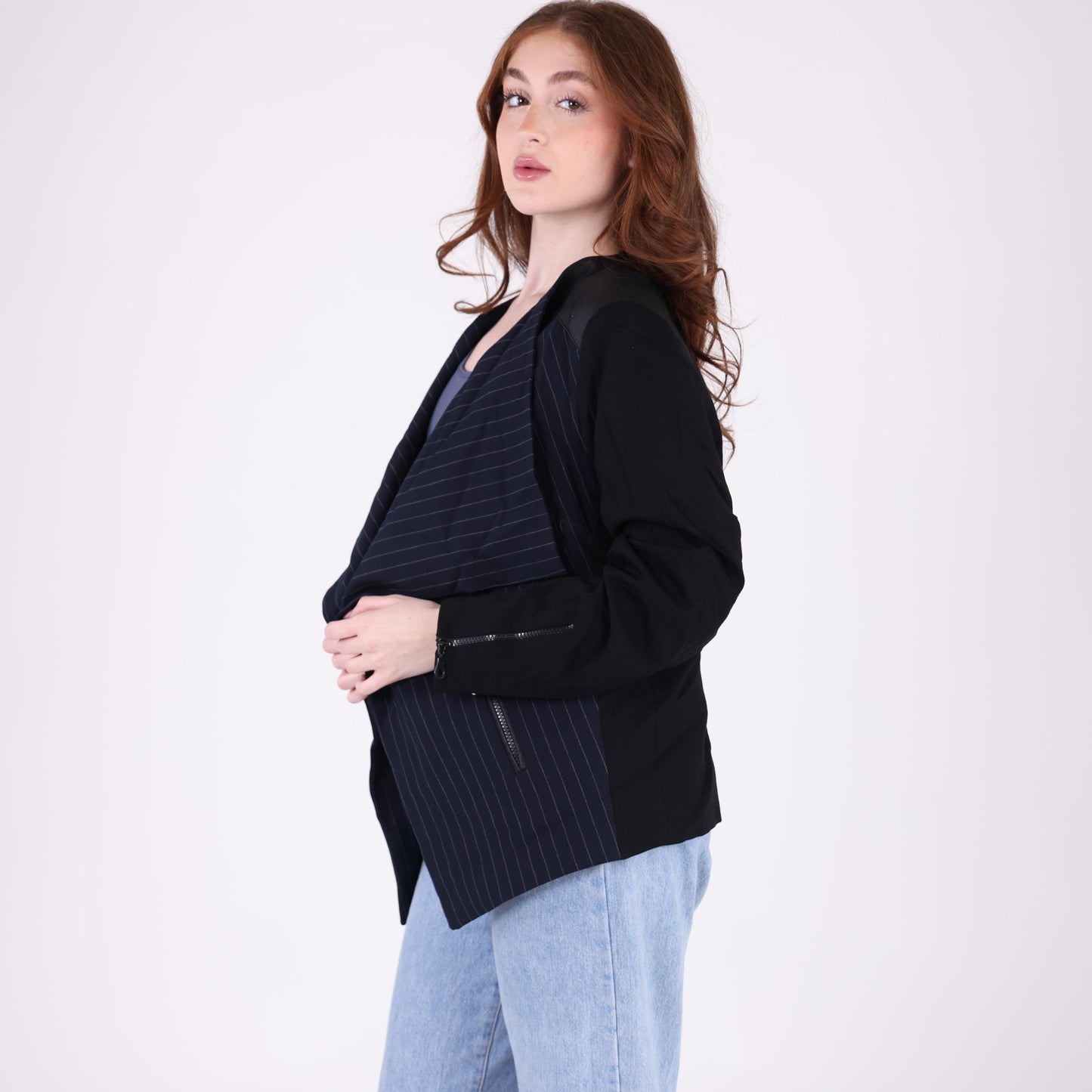 Black Pinstripe Waterfall Jacket with Zippered Sleeves