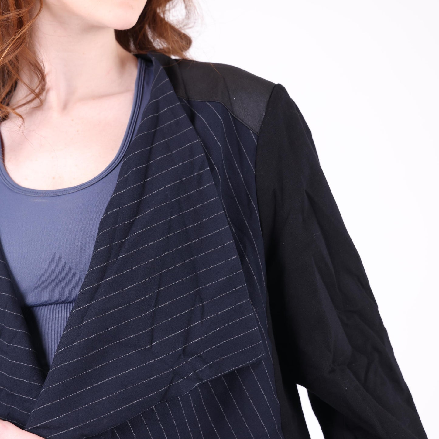 Black Pinstripe Waterfall Jacket with Zippered Sleeves