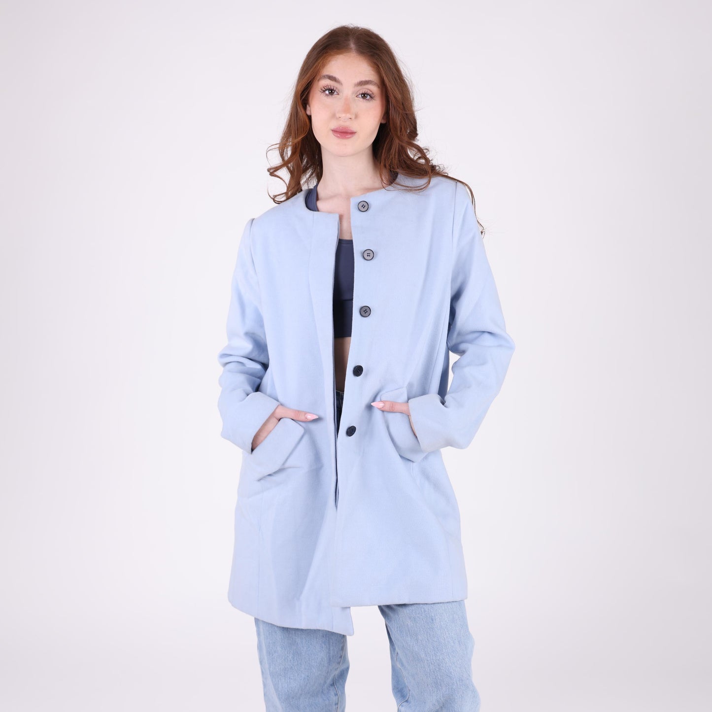 Light Blue Button-Up Coat with Pockets