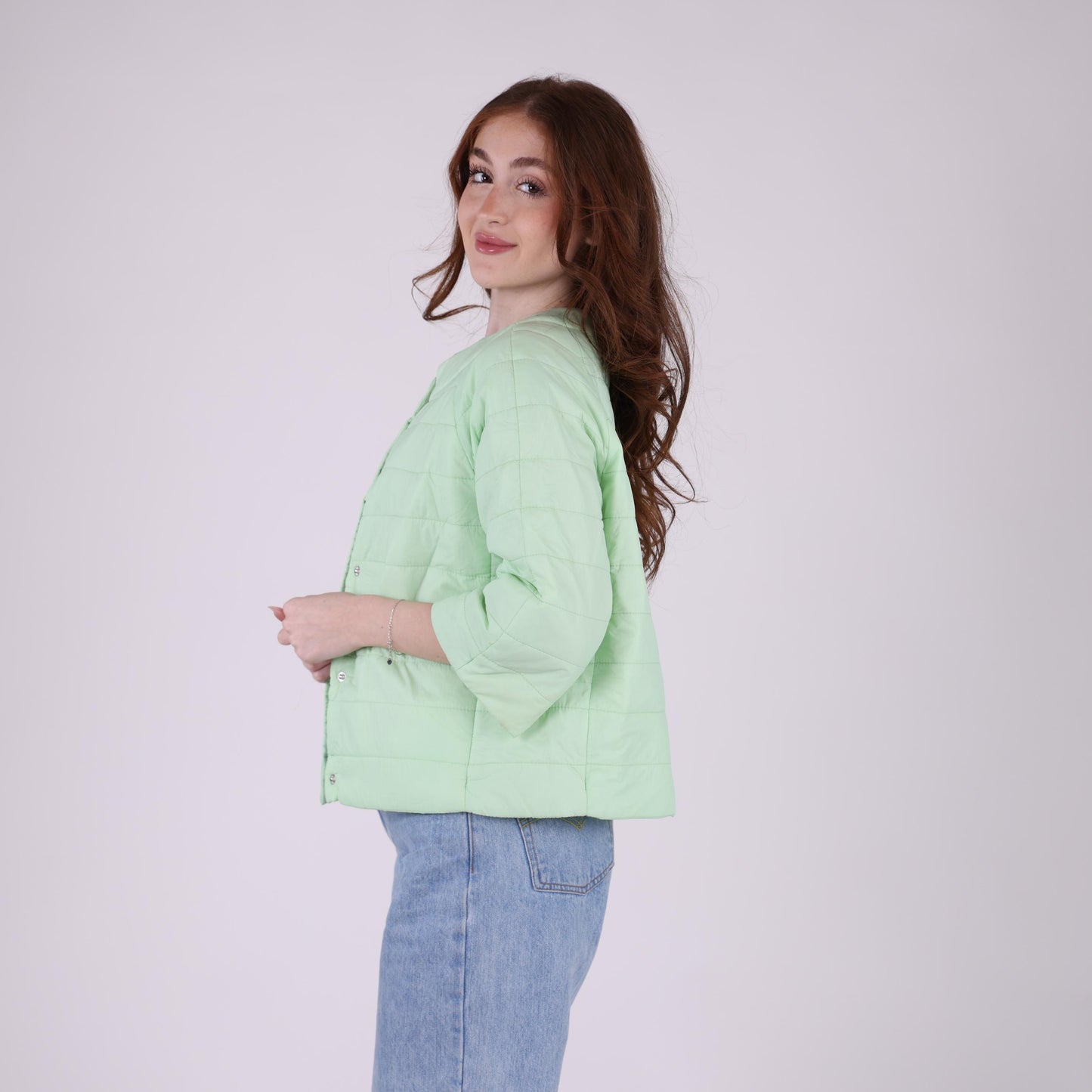Light Green Quilted Jacket with 3/4 Sleeves