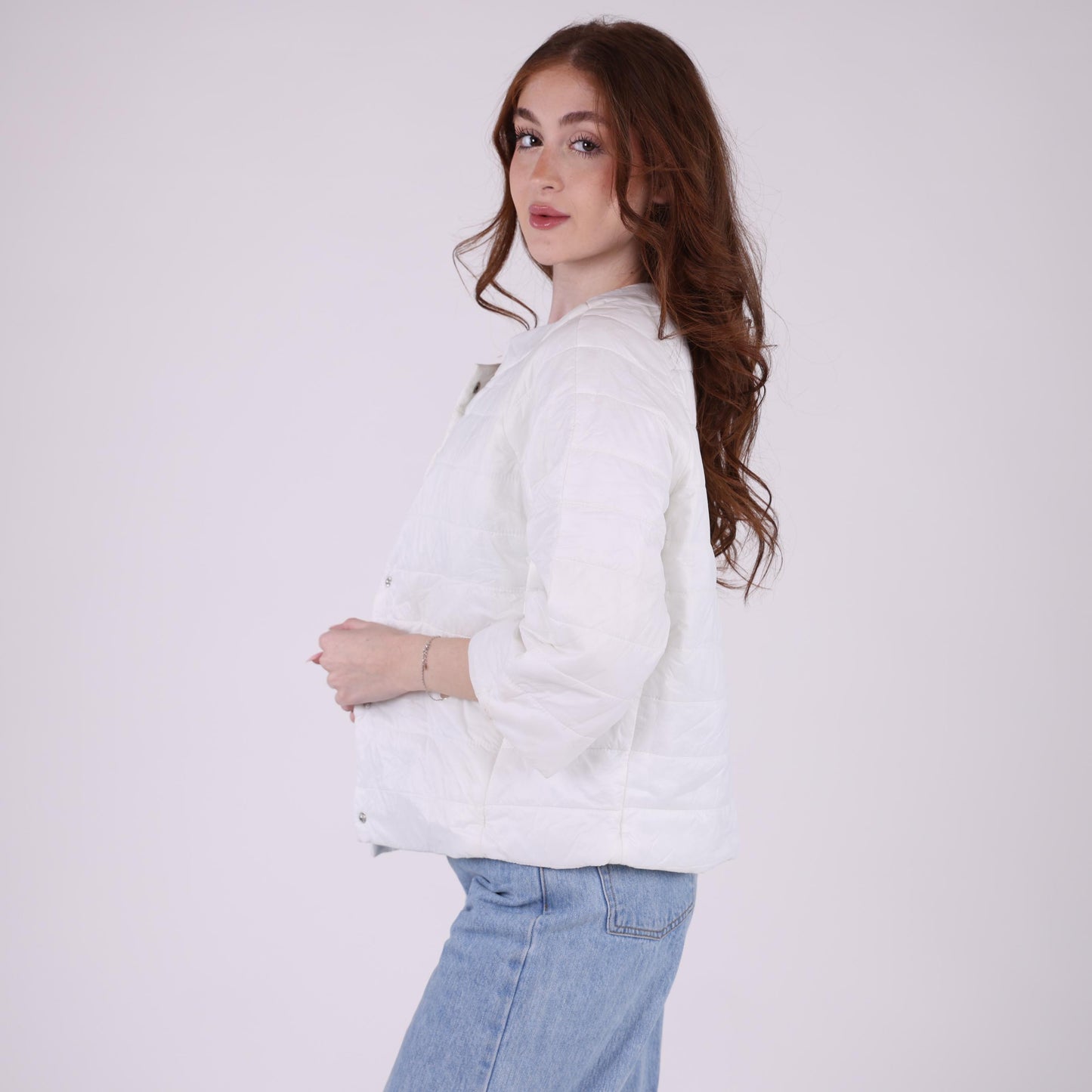 Quilted White Jacket with 3/4 Sleeves