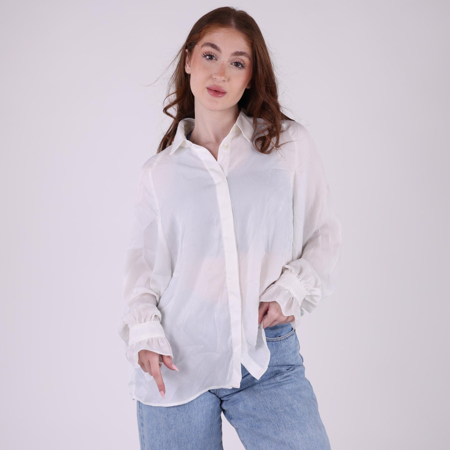 Classic White Button-Up Blouse with Ruffle Cuffs