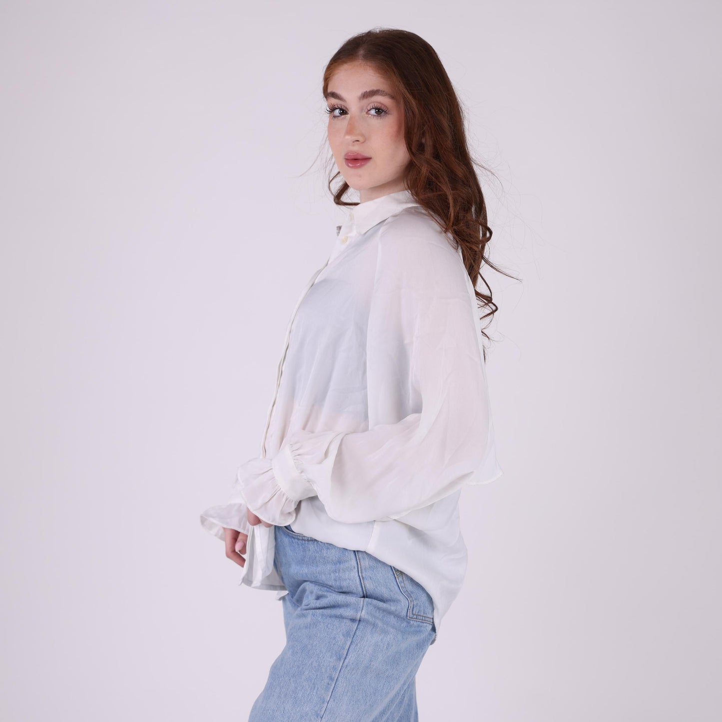 Classic White Button-Up Blouse with Ruffle Cuffs