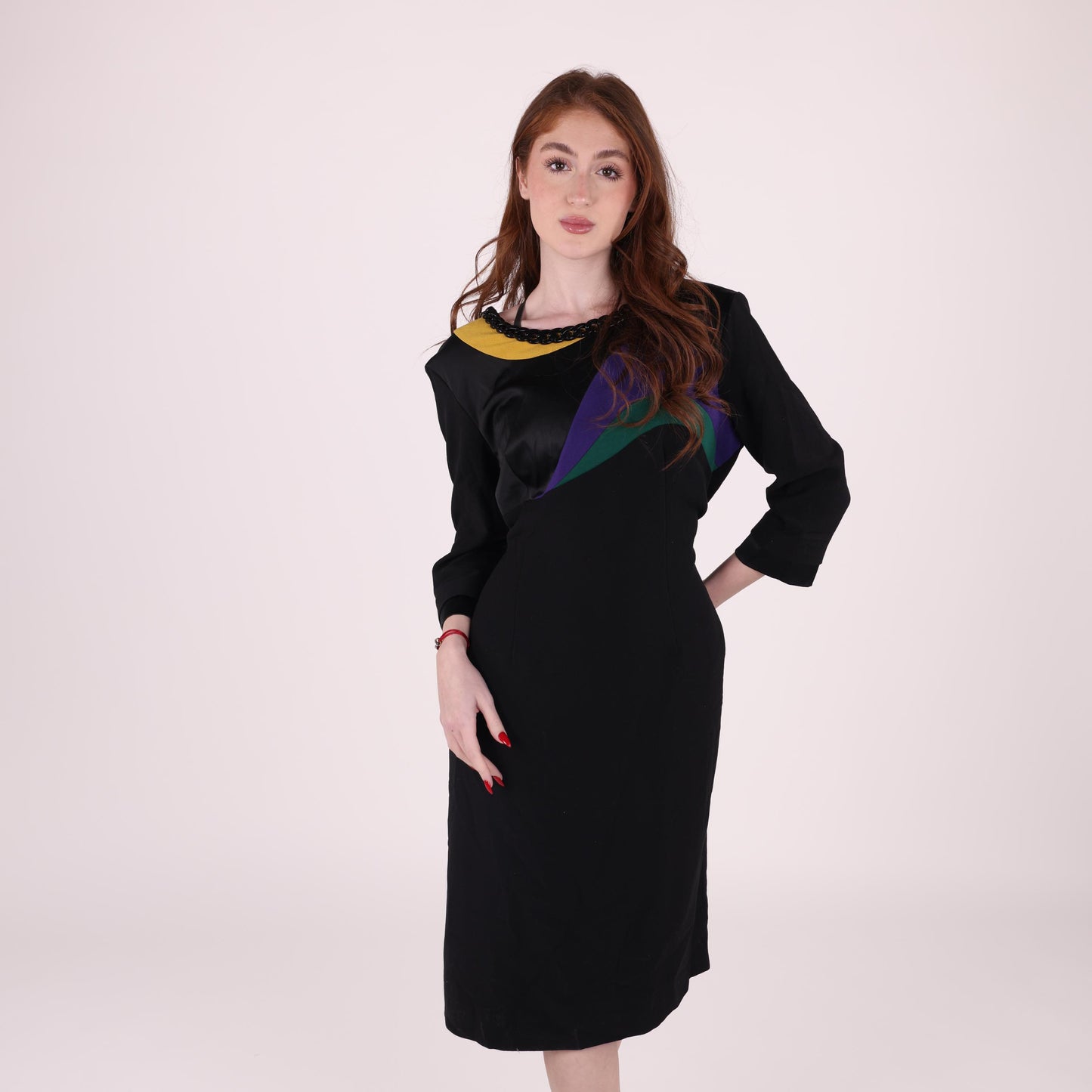 Vintage Black Midi Dress with Color Block Detail