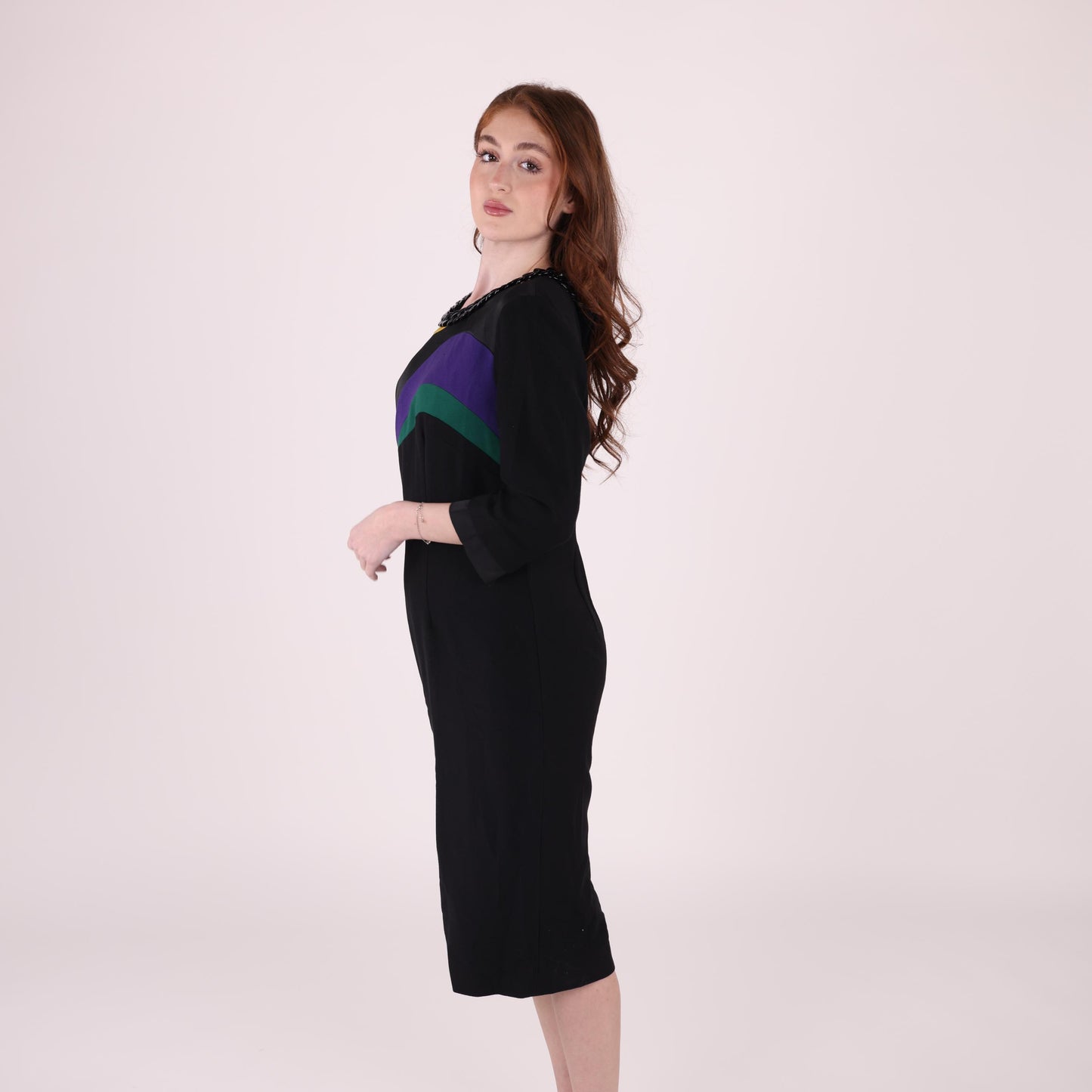 Vintage Black Midi Dress with Color Block Detail
