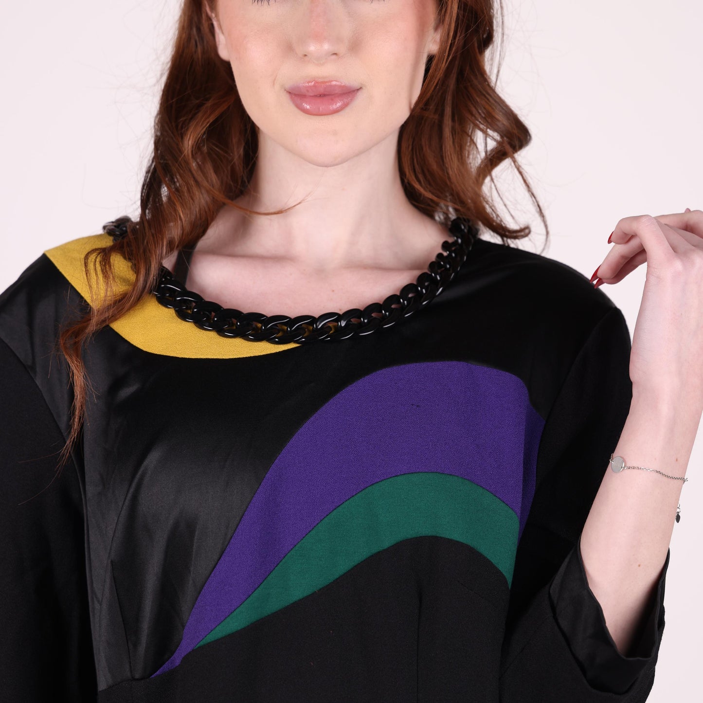 Vintage Black Midi Dress with Color Block Detail