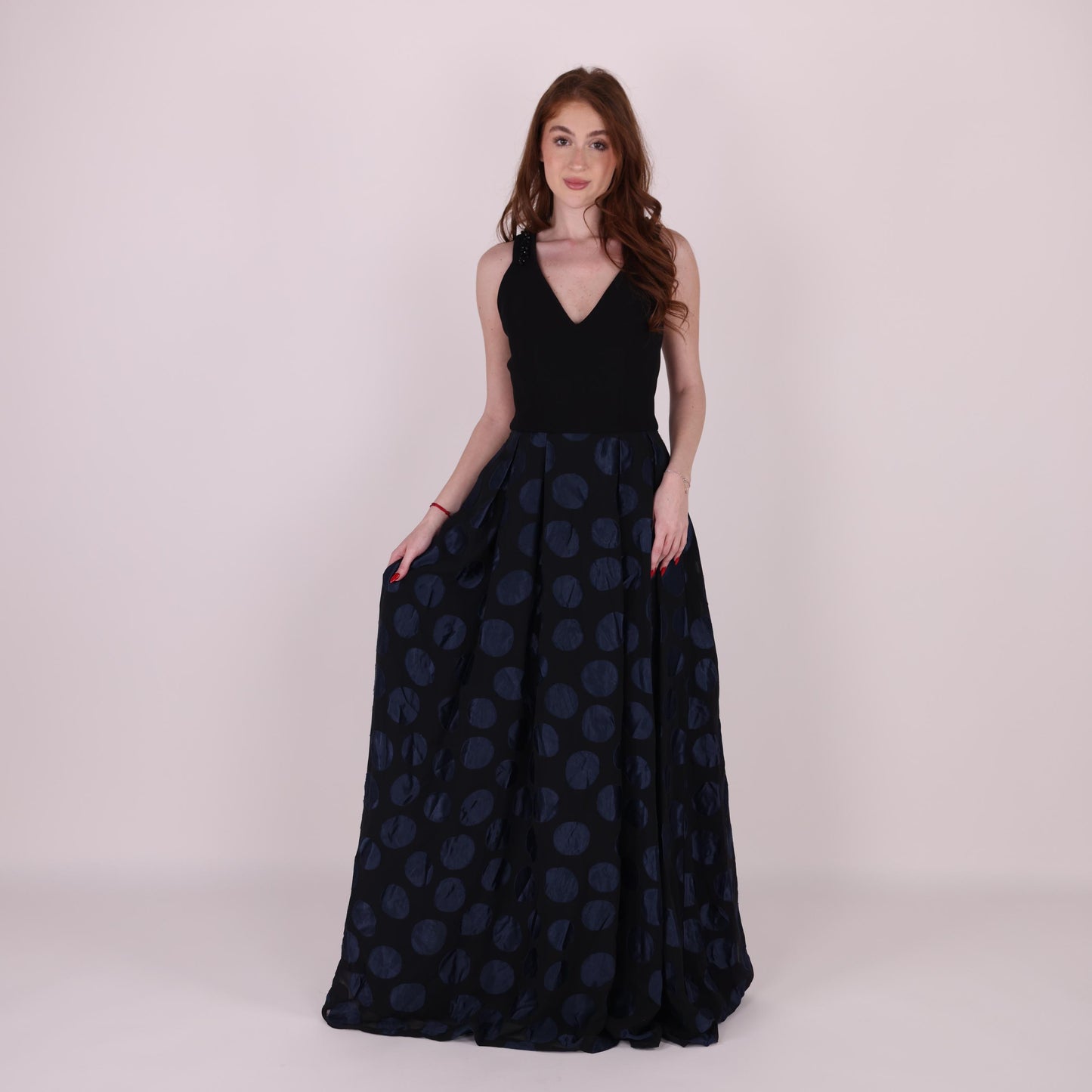 Black and Navy Polka Dot Evening Gown