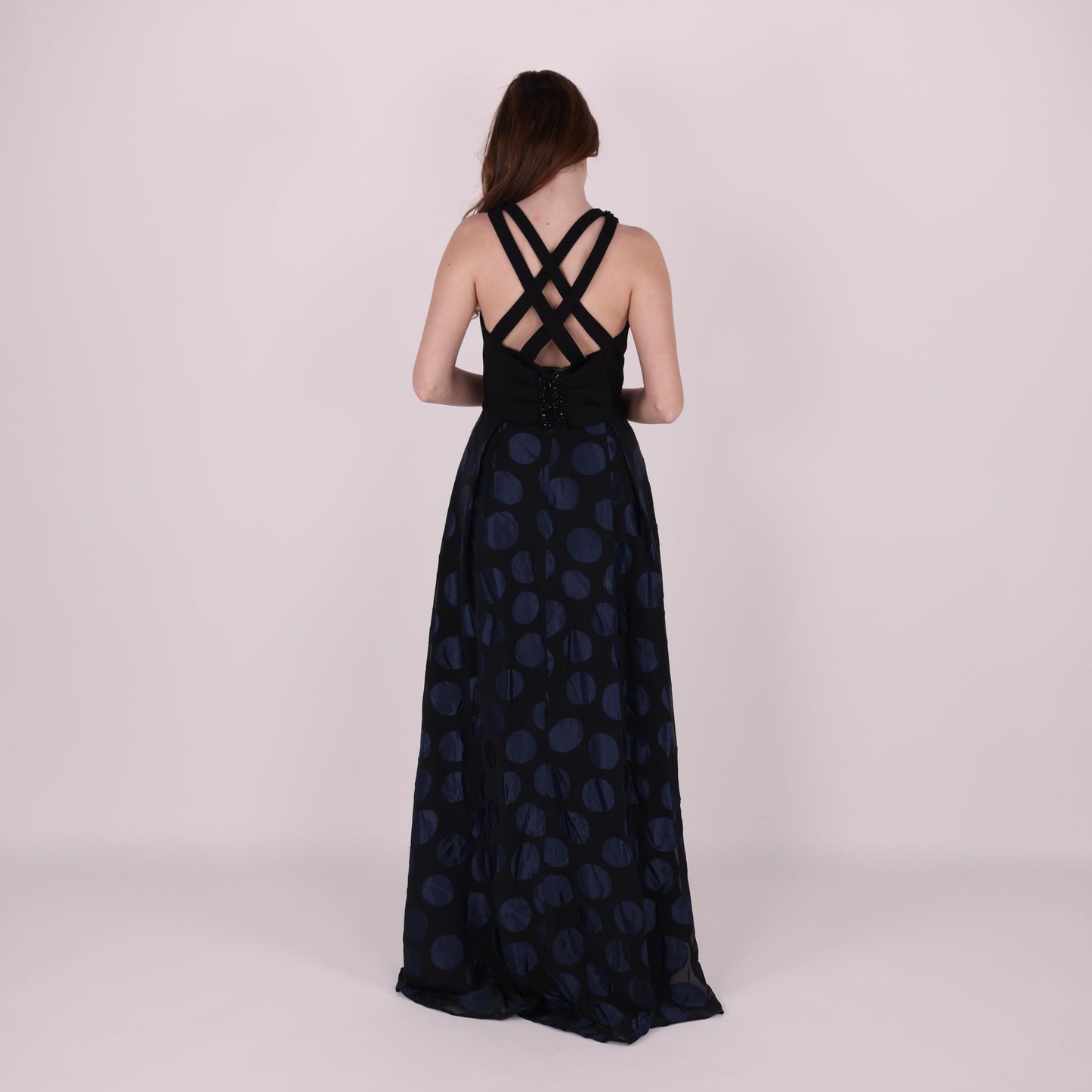 Black and Navy Polka Dot Evening Gown