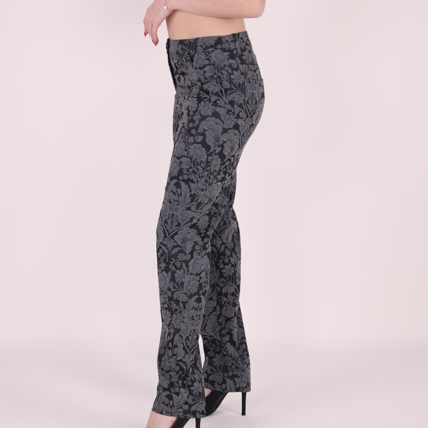 Black and Gray Floral-Patterned Straight-Leg Pants