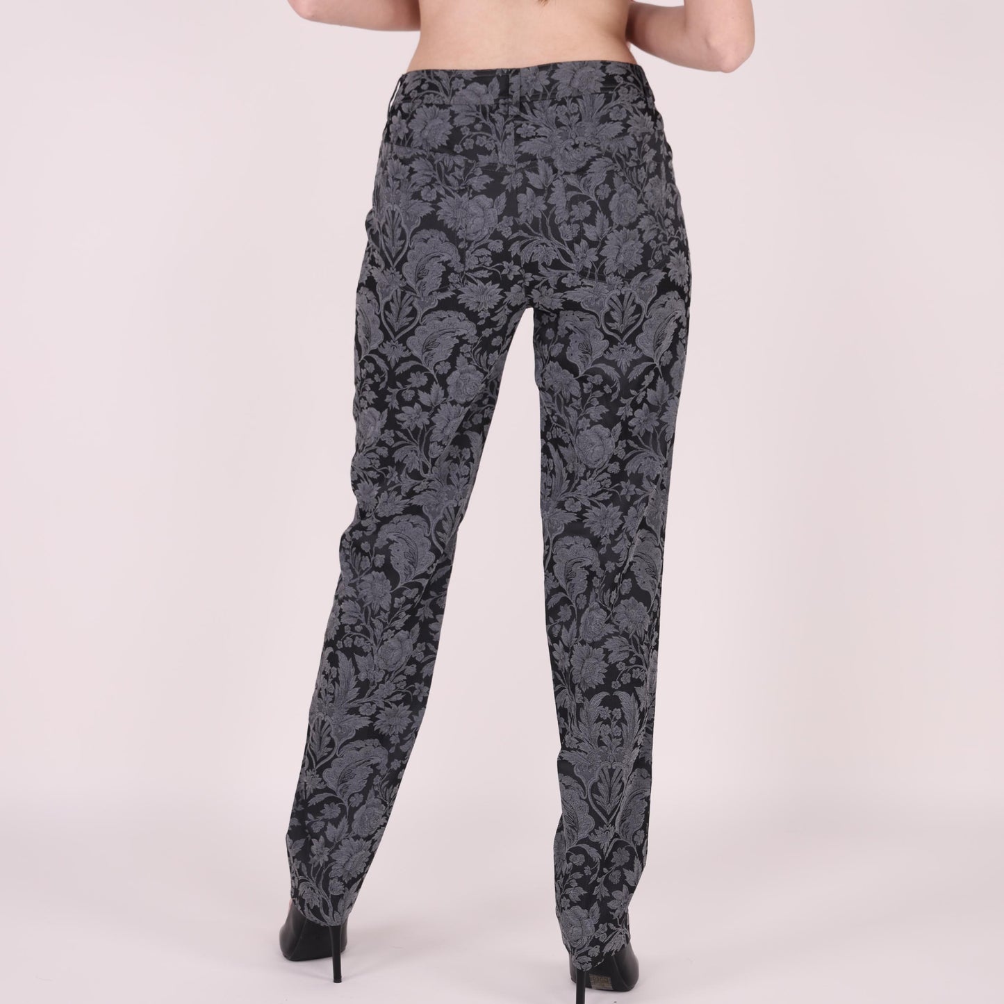 Black and Gray Floral-Patterned Straight-Leg Pants