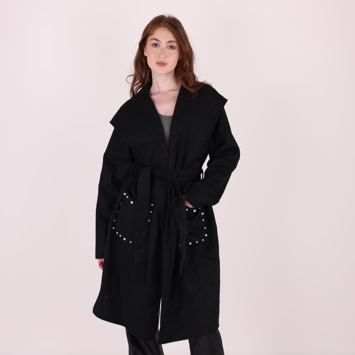 Chic Black Hooded Coat with Belted Waist