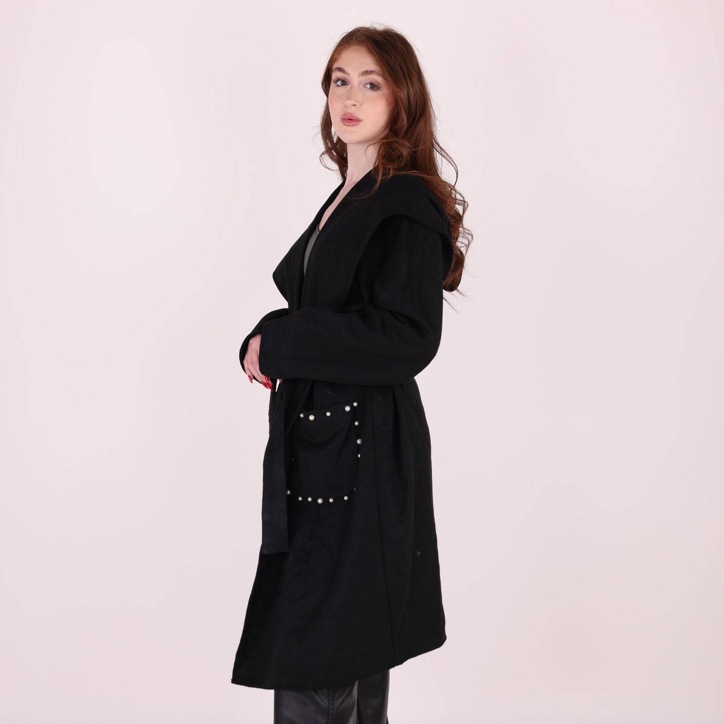 Chic Black Hooded Coat with Belted Waist