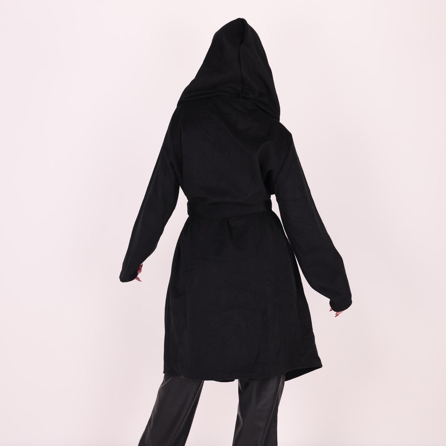 Chic Black Hooded Coat with Belted Waist